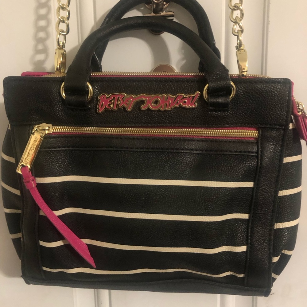 Betsey Johnson Mini Barrel Bag Black White Stripe Fuchsia w/Floral pattern